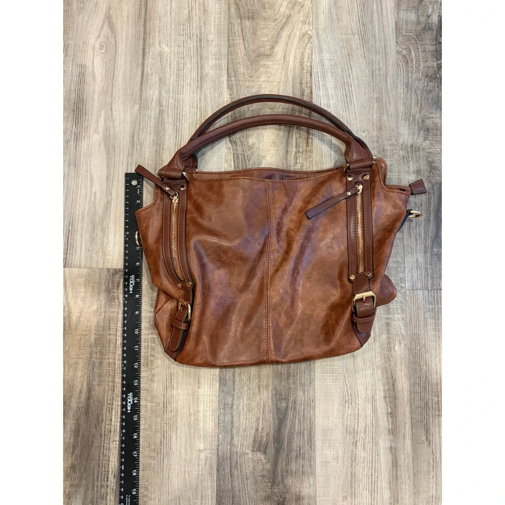Distressed Cognac Brown Vegan Leather Slouchy Hobo Shoulder Bag Gold Zips‎